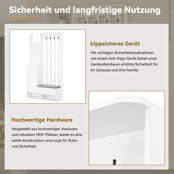 Merax 180cm Flurgarderobe, mit gepolsterter Aufbewahrungsbank, multifunktionaler Flur-Schuhschrank mit Stecktafel, moderne Garderobe mit 4 Haken, Weiß – Bild 5