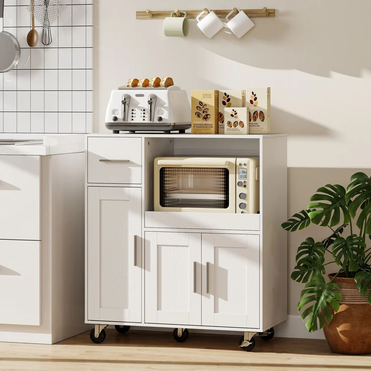 JARDJ Küchen-Beistellschrank mit Rollen, Küchen-Sideboard für Mikrowelle mit Auszugsschublade, 80 x 40 x 88,7 cm, Weiß – Bild 3