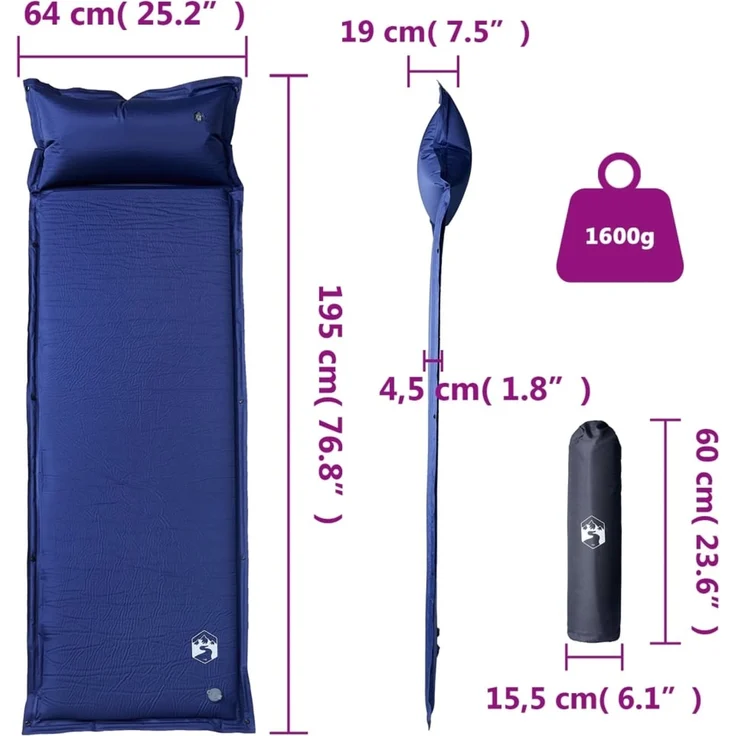 vidaXL Selbstaufblasende Isomatte mit Kissen Marineblau 4007132 – Bild 6