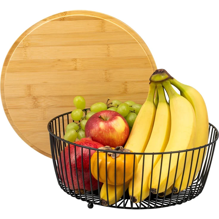 eluno Obstkorb - Brotkorb mit Bambusdeckel, runde Obstschale Metall schwarz, ca. 30 x 30 x 10,5 cm (B/H/T) – Bild 1
