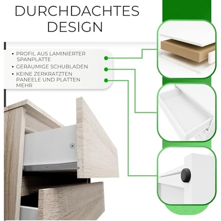 CDF Kommode mit Schublade Eiche Sonoma Schrank Schubladenschrank 3 Schubladen Malm Kommode viel Stauraum Geeignet für Wohnzimmer Schlafzimmer Komodenschrank Organizer Kleidung 40T x 70B x 75H cm – Bild 5