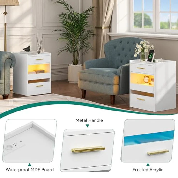 YITAHOME Nachttisch, Beistelltisch mit LED-Lichtern und Ladestation, Nachttischschrank Nachttisch mit Aufbewahrungsschubladen für Wohnzimmer Schlafzimmer, 40 x 40 x 60 cm, Weiß – Bild 9