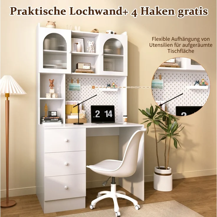 Schreibtisch 100 x 55 x 180 cm mit Pinnwand, Glasfronten und 3 Schubladen – MDF, Weiß – Bild 9