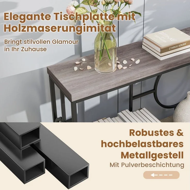COSTWAY Konsolentisch, schmal, 180cm, Flurtisch mit 2 Ebenen, Metallgestell – Bild 3