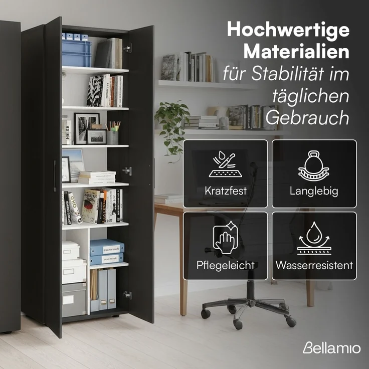 Bellamio 'Apol' Mehrzweckschrank, schwarz, 176x33x60 cm, Aktenschrank mit 8 Ablagefächern – Bild 6