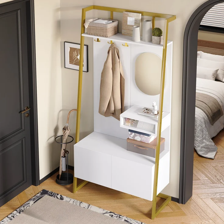 Faumrta Moderne minimalistische Kompaktgarderobe, offener multifunktionaler Aufbewahrungsschrank mit Spiegel, Metallhaken,Garderobenständer mit Schuhbank, Garderobe, Schuhaufbewahrung,Kleiderständer,78CM*38.5CM*180.5CMWeißMDF (Medium-Density-Faserplatte) – Bild 9