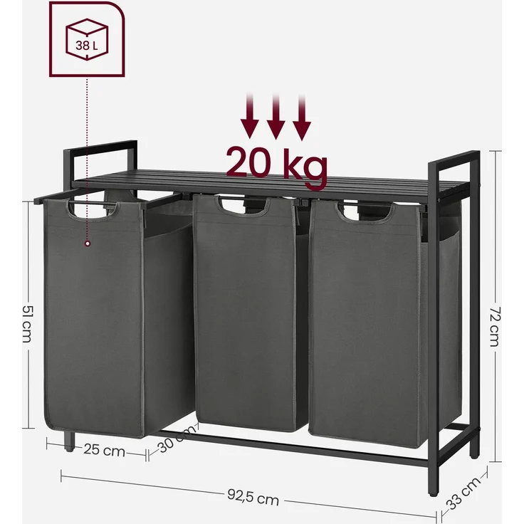 Vasagle Wäschekorb mit 3 Fächer, Metallrahmen Schwarz/Grau, 3x38 L / 92,5 x 33 x 72 cm – Bild 5
