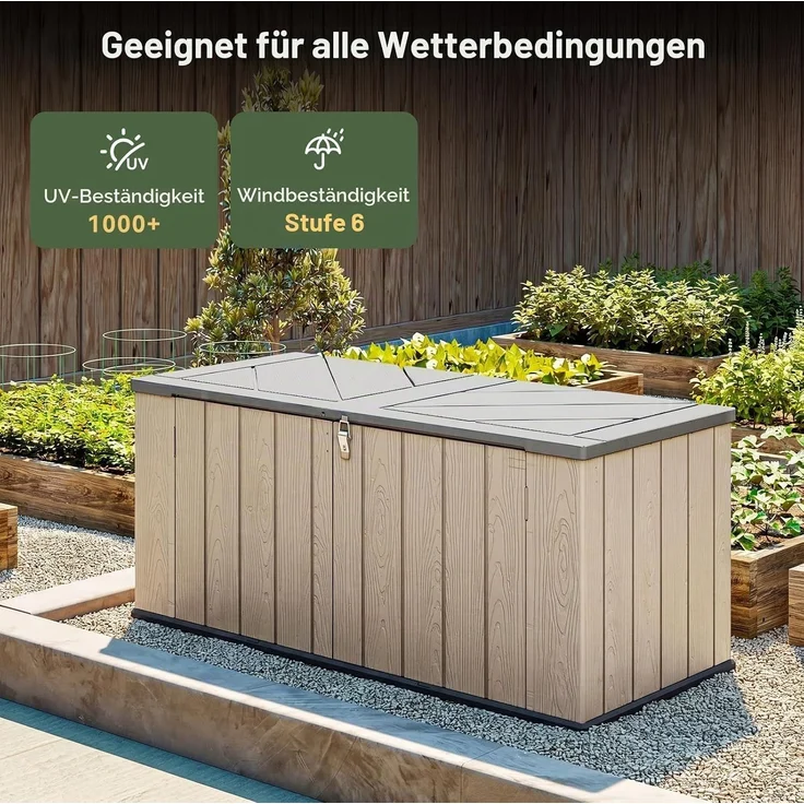 Aoxun Gartenbox aus Harz 600L,Auflagenbox Wasserdicht Außenmaße:142 x 67 x 63 cm,Wetterfest,Abschließbar,Braun – Bild 3
