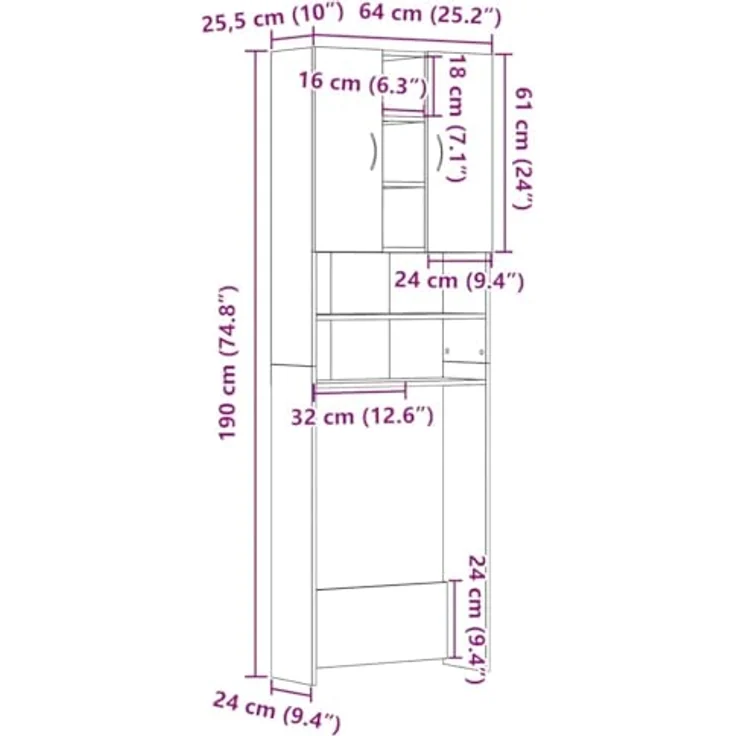 vidaXL Waschmaschinenschrank Schwarz Eichen-Optik 64x25,5x190 cm 862065 – Bild 10