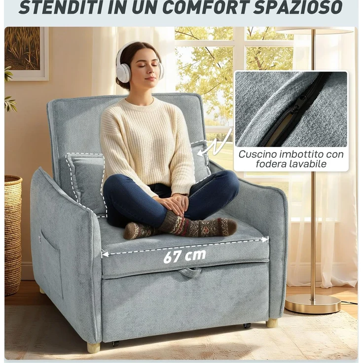 3-in-1-Schlafsessel mit verstellbarer Rückenlehne und Kissen, Chenille-Bezug, 88 x 84 x 87 cm, Grau – Bild 9
