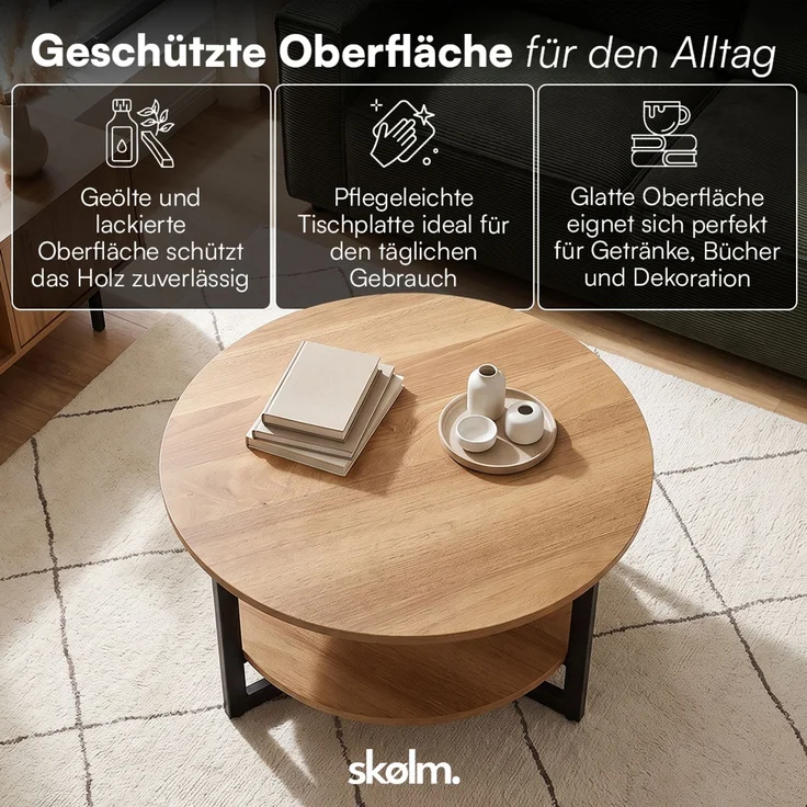 skølm 'Drakkar' Couchtisch rund, Massivholz Eiche, natur geölt, Wohnzimmertisch Ø70 cm mit Metallgestell, Beistelltisch für Wohnzimmer mit Ablage – Bild 4