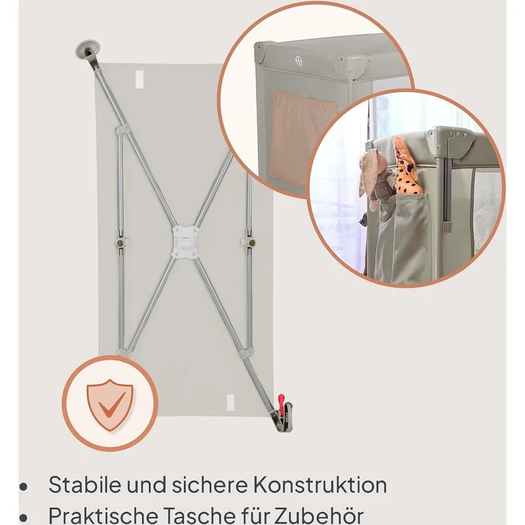 Lionelo Ellen 3 in 1 Reisebett von 0 bis 3 Jahren, Beistellbett für Neugeborene und ältere Kinder bis 15 kg, 2 Matratzenhöhen, Befestigungsgurte, seitlicher Reißverschluss, 2 Rollen, Tasche – Bild 6