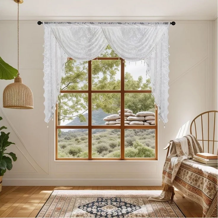 Minicloss Vorhang Boho Vintage Vorhang mit Perlenquasten, halbtransparenter Küchenvorhang mit floraler Stickerei – Bild 1