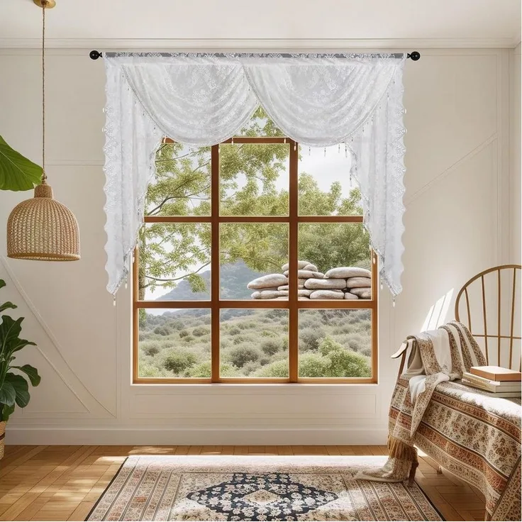 Minicloss Vorhang Boho Vintage Vorhang mit Perlenquasten, halbtransparenter Küchenvorhang mit floraler Stickerei