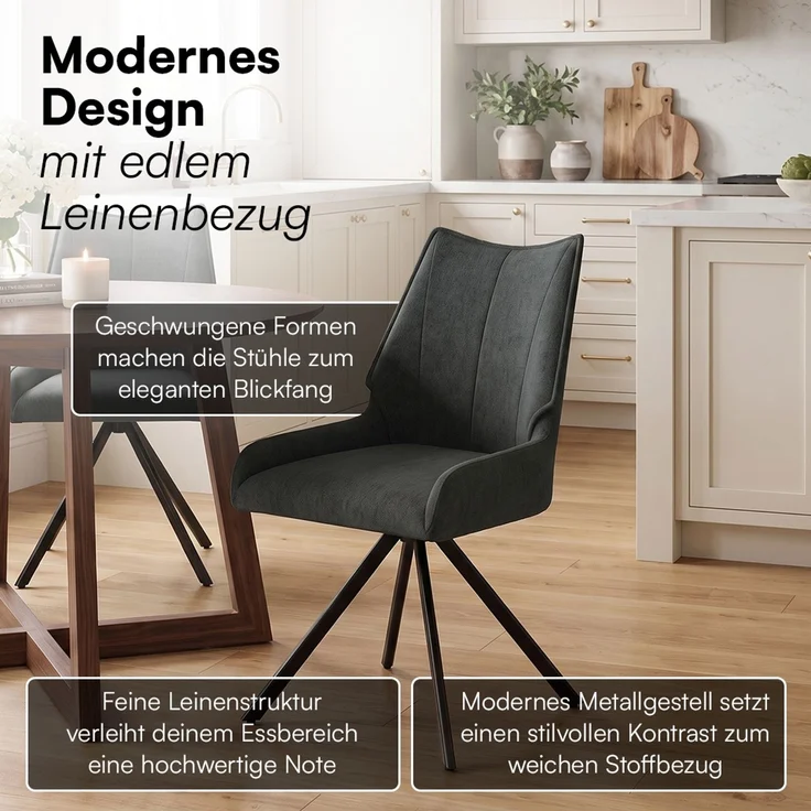 skølm 'Freyja' Esszimmerstühle, 6er Set, anthrazit, gepolsterter Leinenbezug, höhenverstellbar & drehbar, Polsterstühle mit Armlehnen – Bild 2