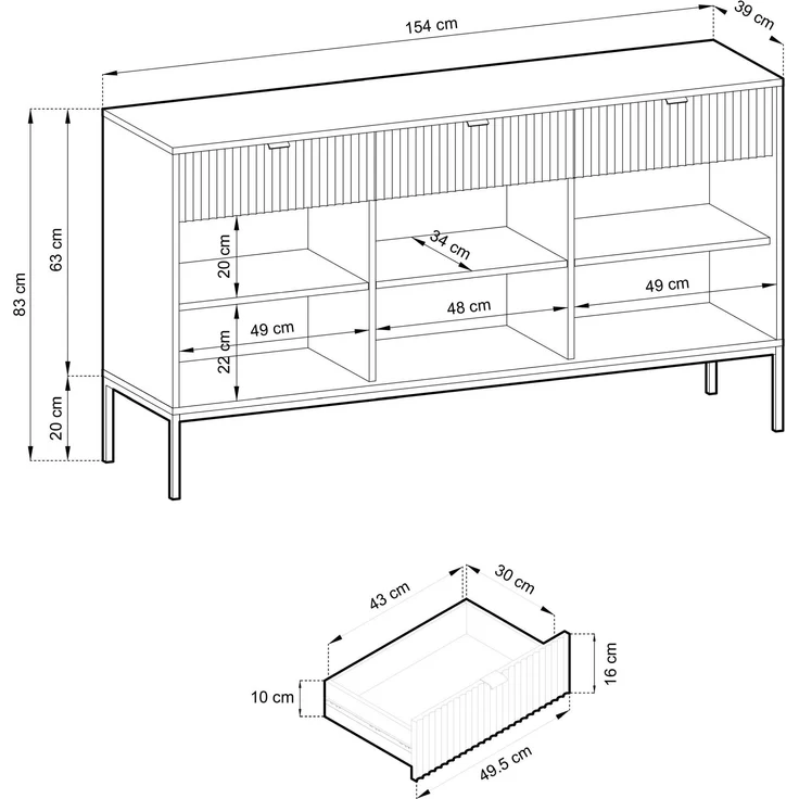 Selsey 'Vellore' Sideboard 3-türig, Holzoptik Eiche mit schwarzem Gestell, ca. 83 x 154 x 39 cm – Bild 5