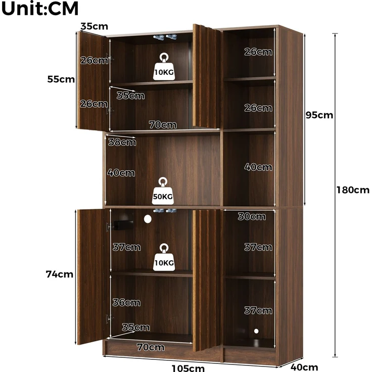 Küchenschrank, hoher Stauraumschrank mit LED-Beleuchtung, Küchenregal mit Steckdosen, Bücherregal & Vitrinenschrank für Wohnzimmer und Esszimmer, 180 × 105 × 40 cm--Nussbaum--105x40x180cm--YOUDENOVA – Bild 7