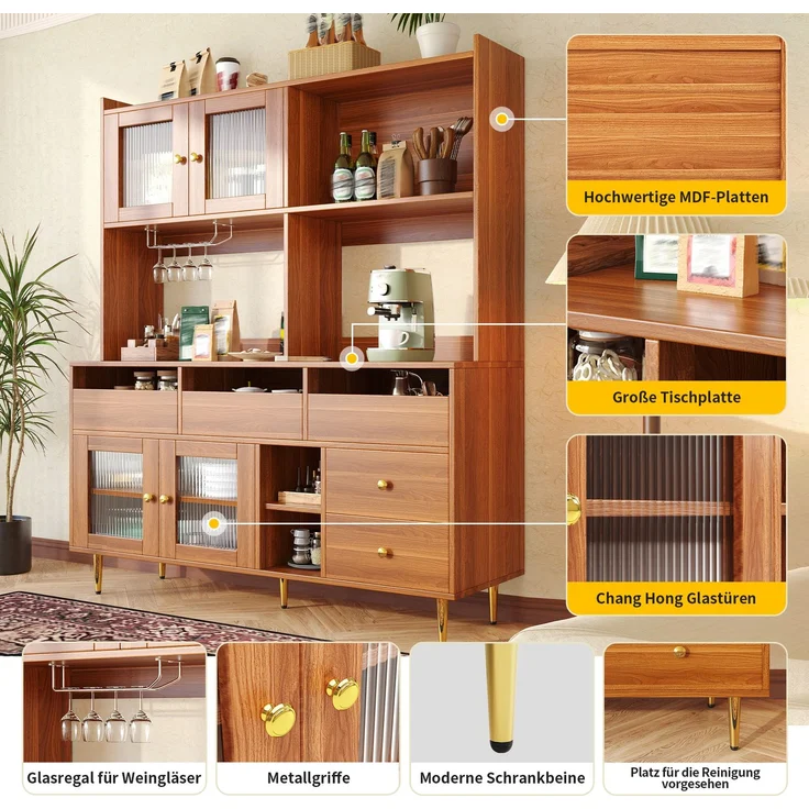 Restaurant-Hochschrank (145 x 39 x 171 cm), modernes und schlichtes Design, mit Changhong-Glastür, Weinglasregal, mehrschichtigem Stauraum, Holzstruktur und Golddekoration, geeignet für Restaurants--Walnussbraun--145x39x171cm--YOUDENOVA – Bild 9