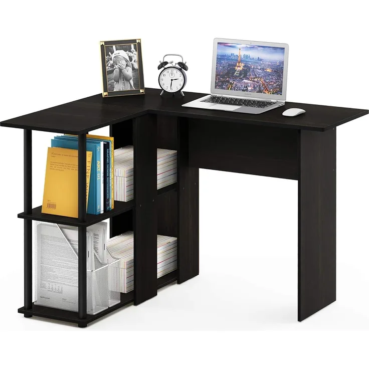 Furinno Abbott L-förmiger Schreibtisch mit Regalen, holz, Espresso/Schwarz, 87.5 x 87.5 x 73.51 cm