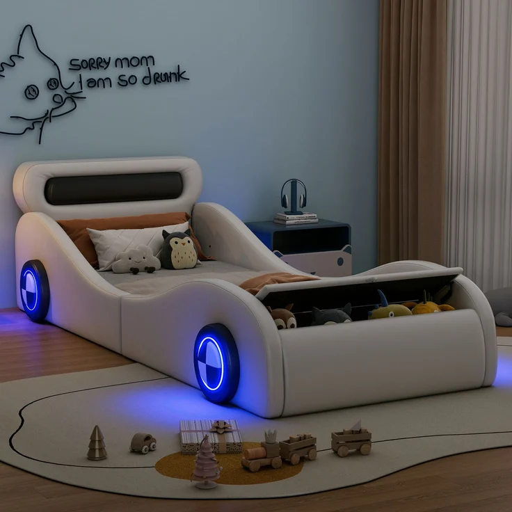 Merax Polsterbett, 90x200cm Einzelbett, Kinderbett, Jugendbett, Polsterbett in Form eines Autos mit leuchtenden Rädern und Stauraum, PU, Ohne Matratze, Weiß – Bild 2