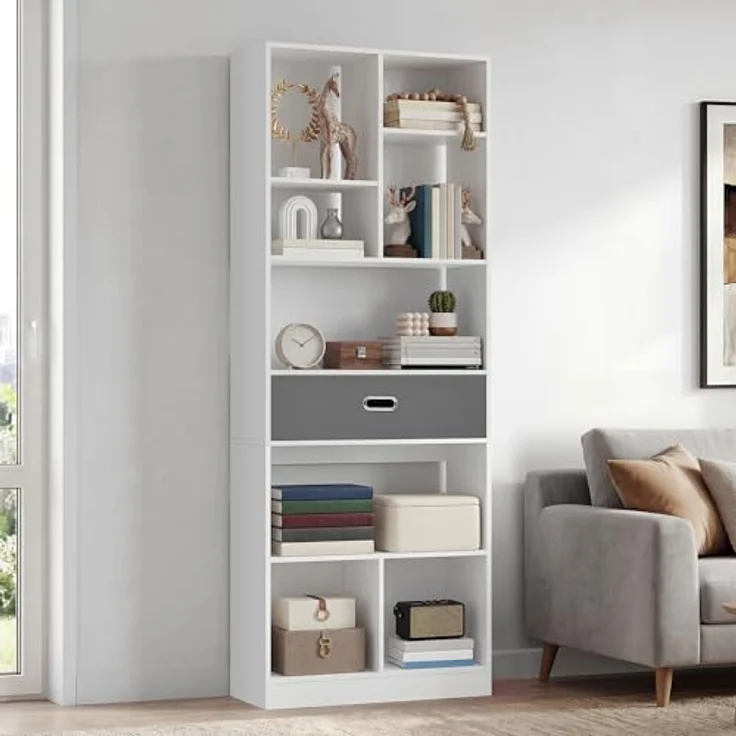 YITAHOME Hohes Bücherregal, freistehendes Regal mit 7 offenen Fächern und 1 Stoffschublade für Wohnzimmer, Schlafzimmer, Büro, Weiß, 60 B × 24 T × 170 H cm – Bild 2
