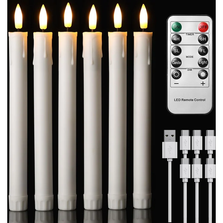 EXTSUD 6er LED Stabkerzen Wiederaufladbare LED Stabkerzen mit Timer und Fernbedienung Weicher Silikon Wachskern, Einzigartiges Tranen-Design LED Kerzen fur Zimmer Hochzeit Esstisch und Gartenparty