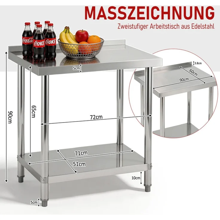 Home Nature Wohnkonzept Edelstahltisch Arbeitstisch Grilltisch Outdoor Küchentisch mit Ablagefläche, stabil bis 90 kg, 60 x 90 x 90 cm – Bild 2