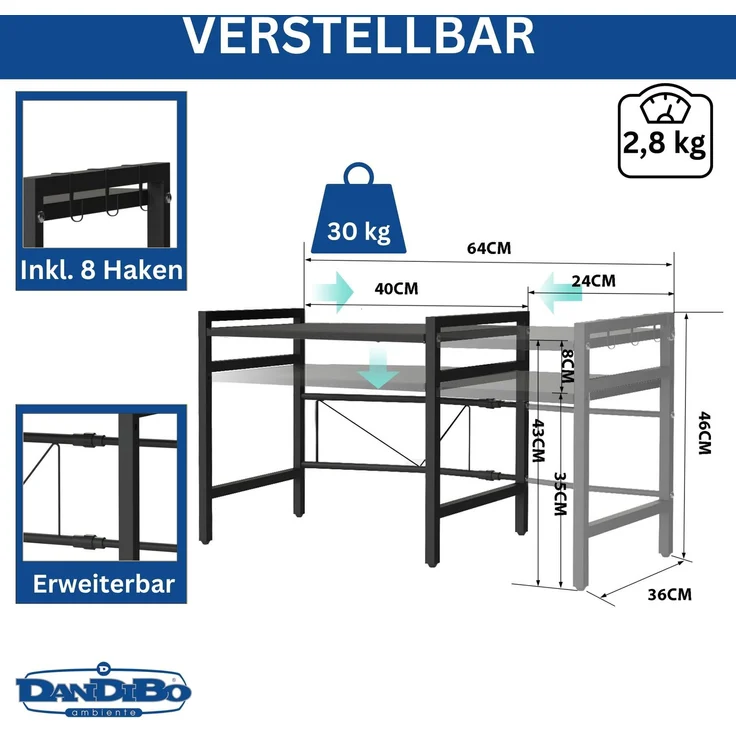 DanDiBo Verstellbares Mikrowellenregal 2 Stufig 40-64 cm Mikrowellen Regal 96613 Stehend Mikrowellenständer Küchenregal – Bild 2