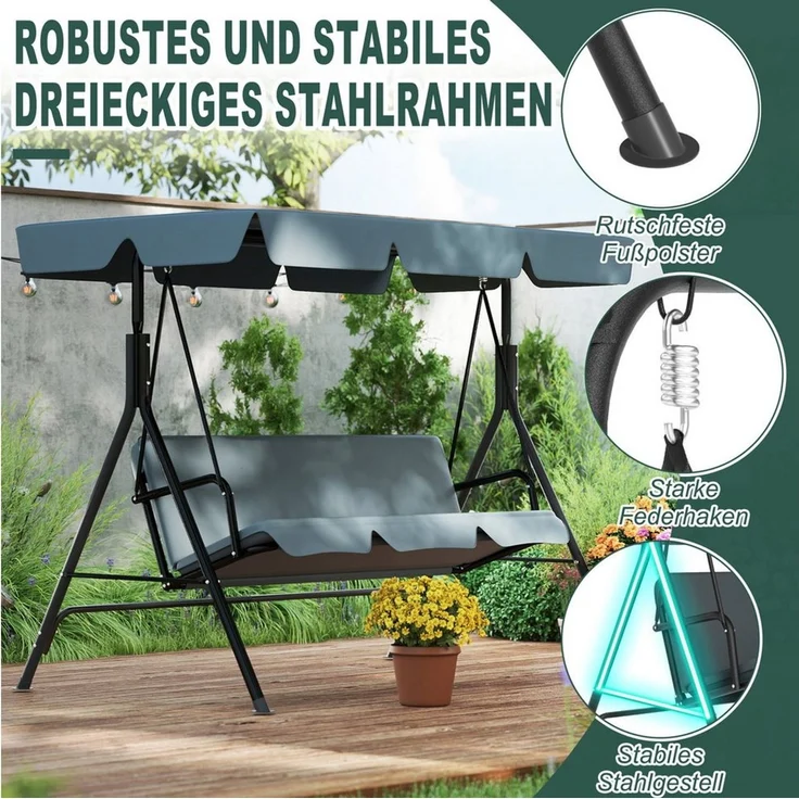 FIVMEN Hollywoodschaukel Gartenschaukel 3-Sitzer Gartenliege Schaukelbank Garten Schaukel, 193 x 110 x 152 cm, Metall Hängeschaukel mit Verstellbarem Sonnendach Liegefunktion – Bild 3