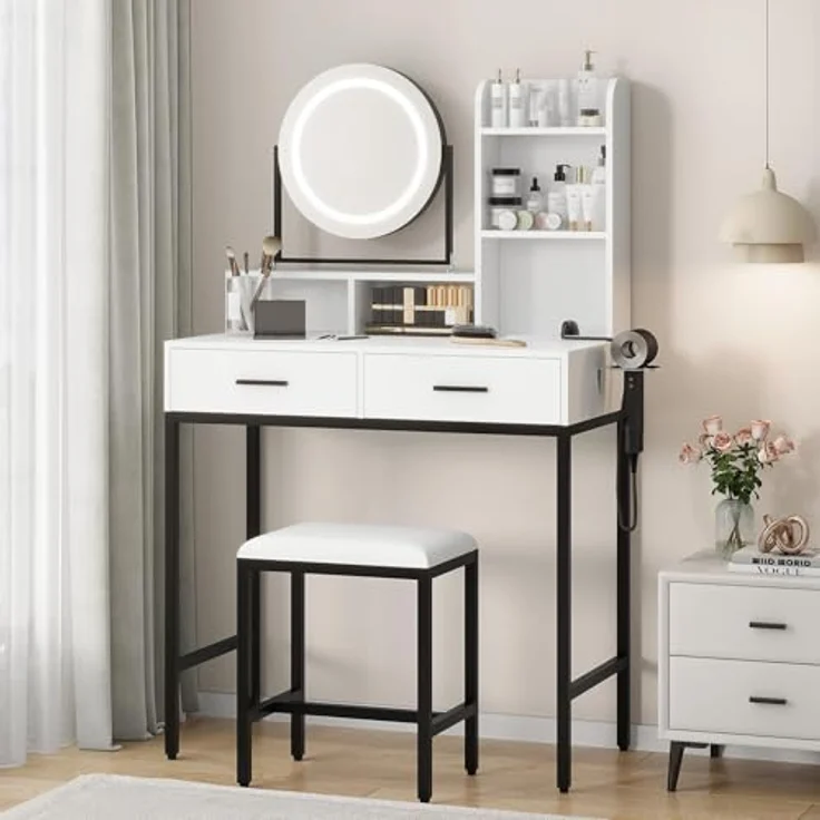 GarveeLife Schminktisch mit LED-Spiegel und Hocker, 5 Fächer, Schminktisch mit Ladestation und Lagerspeichen (2 Schubladen – runder LED-Spiegel, schwarz) – Bild 3