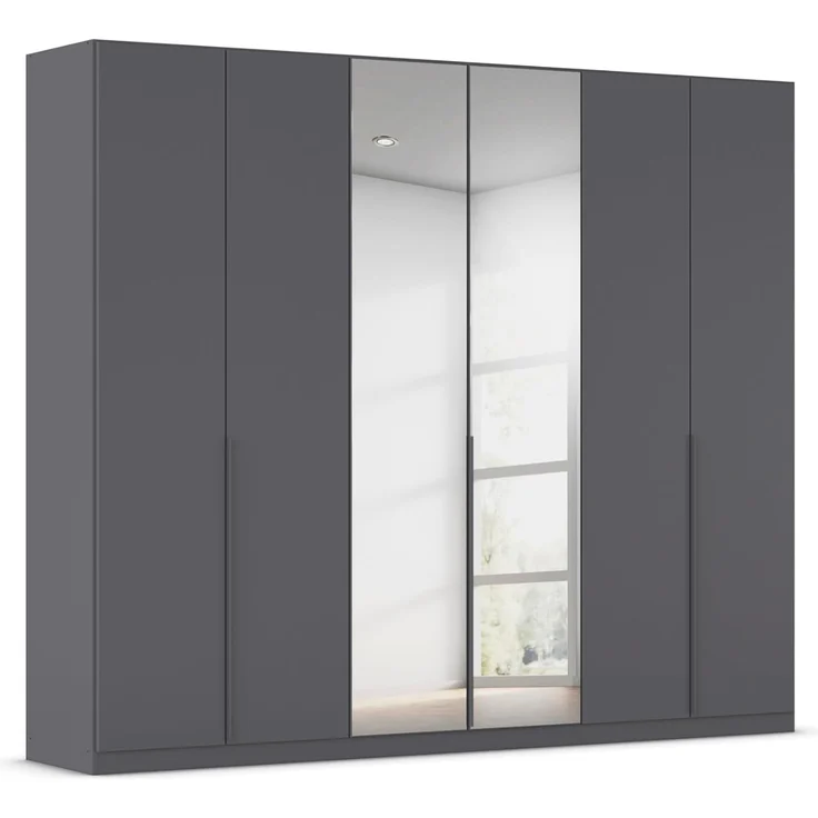 Rauch Möbel Alabama, Kleiderschrank, Garderobenschrank, 6-türig, Spiegel, Zubehör Classic, 3 Kleiderstangen, 6 Einlegeböden, Farbe Grau metallic, Schwarz, Griff Grau metallic, 271 x 210 x 54 cm – Bild 1