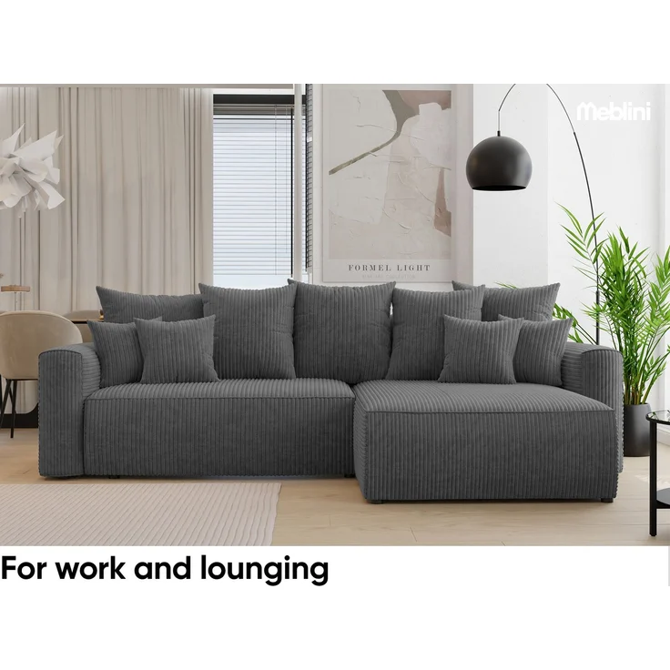 MEBLINI Schlafcouch mit Bettkasten - 260 x 160 x 78 cm - Dunkelgrau Cordstoff - NAPLES - Kleines Ecksofa mit Schlaffunktion - Sofa mit Relaxfunktion und Kissen - Kleine Couch L-Form - Eckcouch – Bild 3