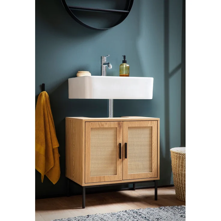 FINEBUY Waschbeckenunterschrank FB104642 (mit Türen, Rattan Eiche-Optik, 60x60x40 cm Modern) Unterschrank Waschbecken, Waschtisch Midischrank – Bild 2
