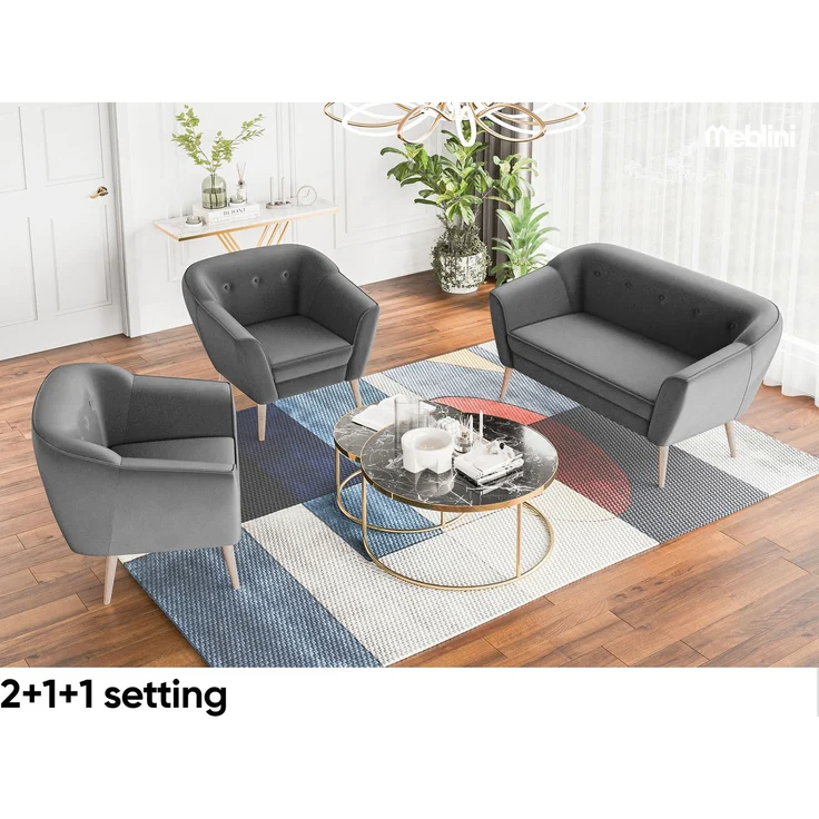 MEBLINI Mini Sofa Set 2-1 für Wohnzimmer - Mini Lounge für drei Personen - Küchensofa - Sofa Klein - Sitzgarnitur - Polstergarnitur - Sofagarnituren - DORIS - 2+1 - Dunkelgrau Samt – Bild 5