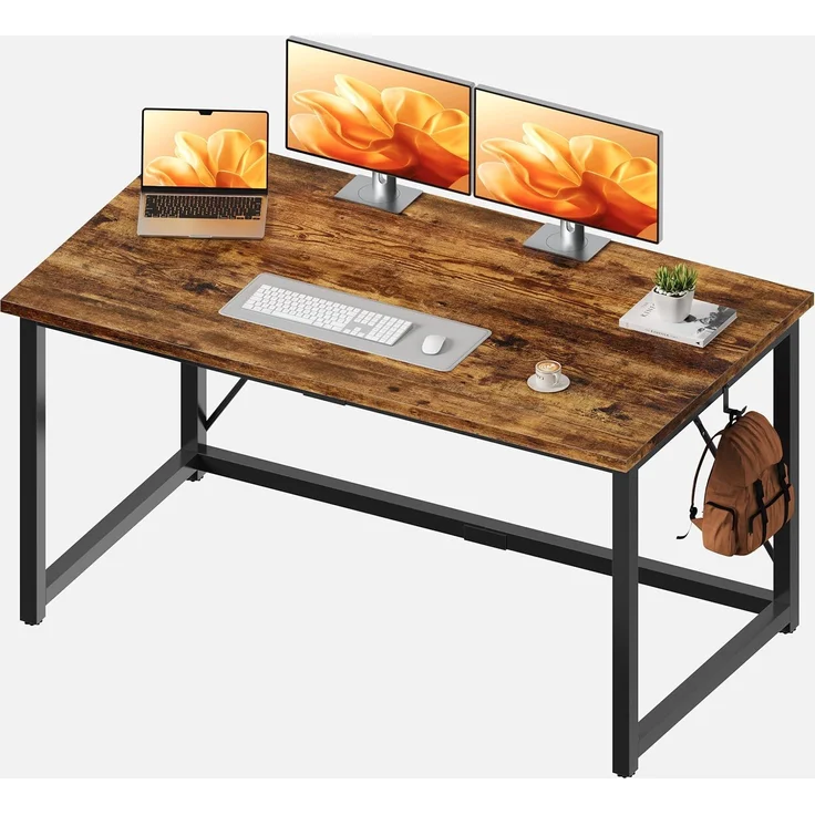 JUMMICO Schreibtisch 140 x 60 x 75 cm, Computertisch mit verstellbaren Füßen, Haken, 60 kg Tragkraft und wasserfester Platte, für großzügiges Homeoffice und Büro, Vintage Braun