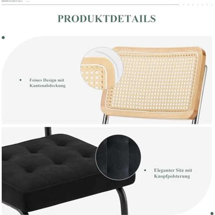 COLAMY Rattan Esstischstühle 4er Set, Samtbezug mit Metallgestell, Schwarz – Bild 5
