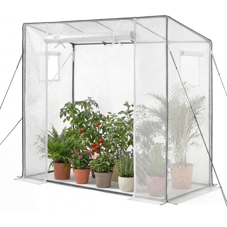 VEVOR Gewächshaus 195 x 77 x 146/168 cm, Foliengewächshaus, Tomatenhaus mit Pulverbeschichtetem Stahlrahmen, PE-Abdeckung, Aufrollbarer Reißverschlusstür & 2 Fenster, Treibhaus für Außenbereich
