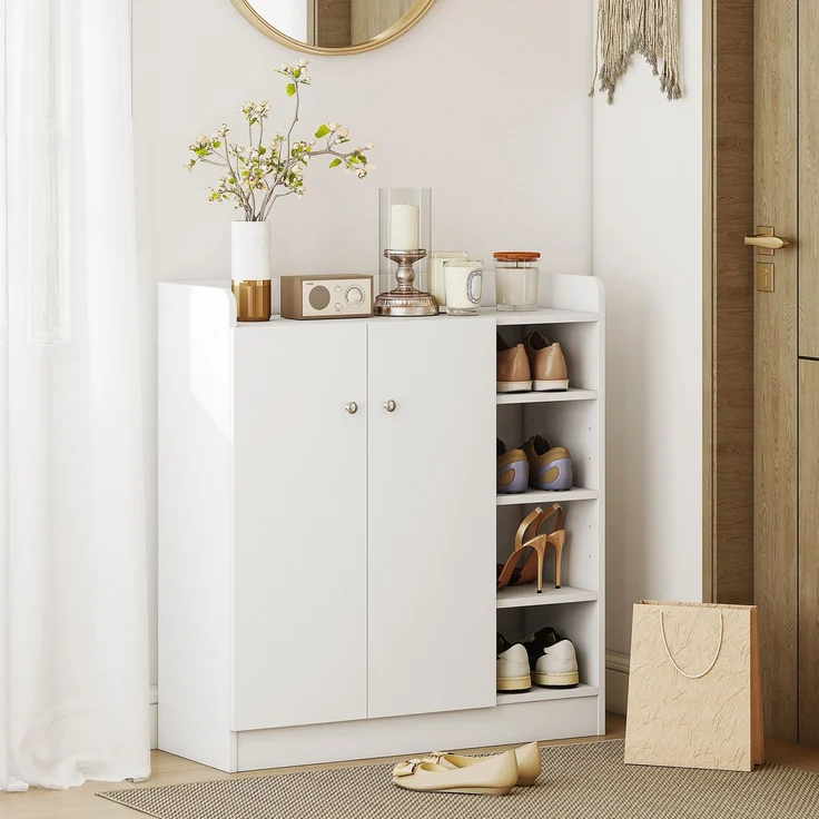 Schuhschrank für den Eingangsbereich für 12 Paar Schuhe – Schuhschrank mit 4 offenen Fächern und Doppeltürenschrank – verstellbares Regal – 83 L x 30 B x 90 H cm – weiß – Bild 3