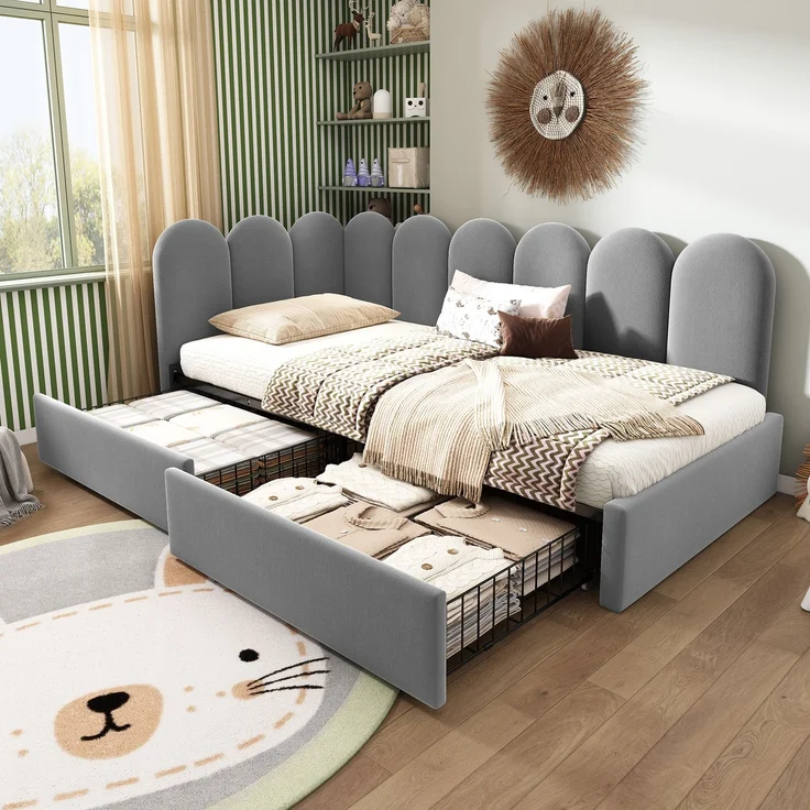 EINHOM Polsterbett Einzelbett mit Schubladen Stauraumbett Samt Daybett Tagesbett Schlafsofa 90 x 200 cm mit Lattenrost Jugendbett und Erwachsene Kinderbett, Grau (Ohne Matratze) – Bild 7