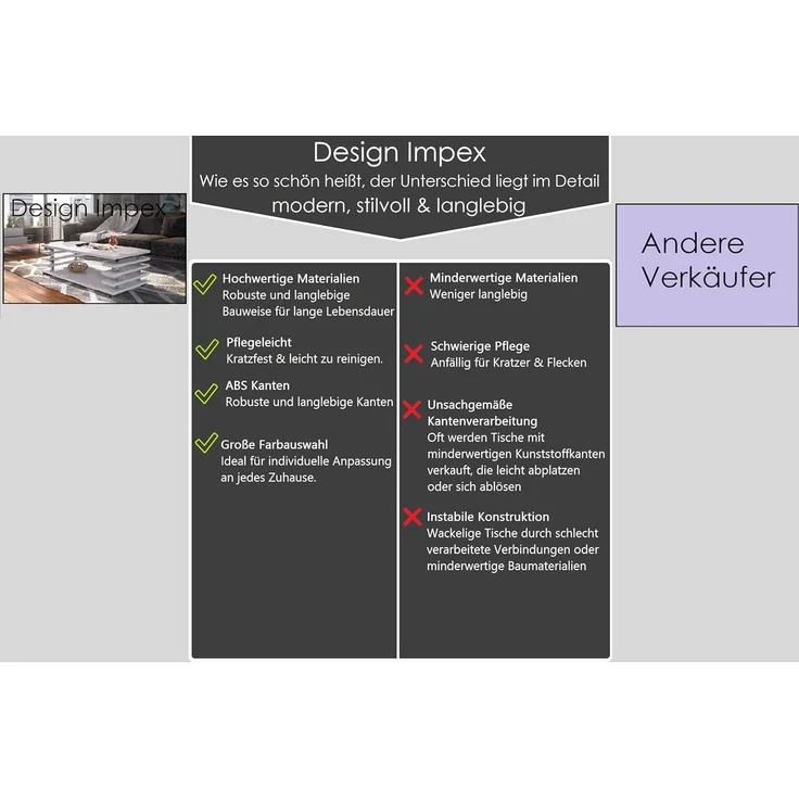 designimpex Couchtisch Carl Svensson DC-3 Wohnzimmertisch Rollen Nussbaum - Weiß Hochglanz – Bild 7
