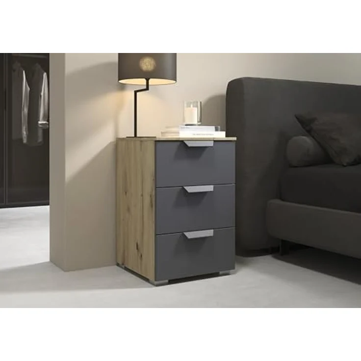 rauch Aditio Box, Nachttisch, 3 Schubladen, mit Softclose-Funktion, Farbe Grau metallic/Eiche Artisan, BxHxT 40x61x42cm – Bild 2
