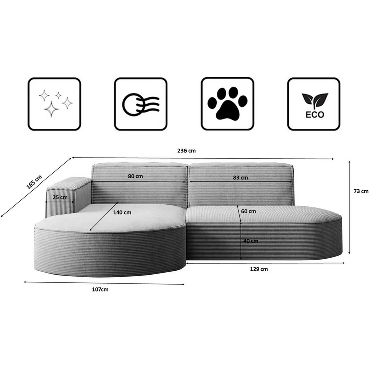 Kaiser Möbel Ecksofa Designer MODENA STUDIO L stoff Cord, Ecksofa, Cord Sofa, L-Form, Links/Rechts wählbar – Bild 2