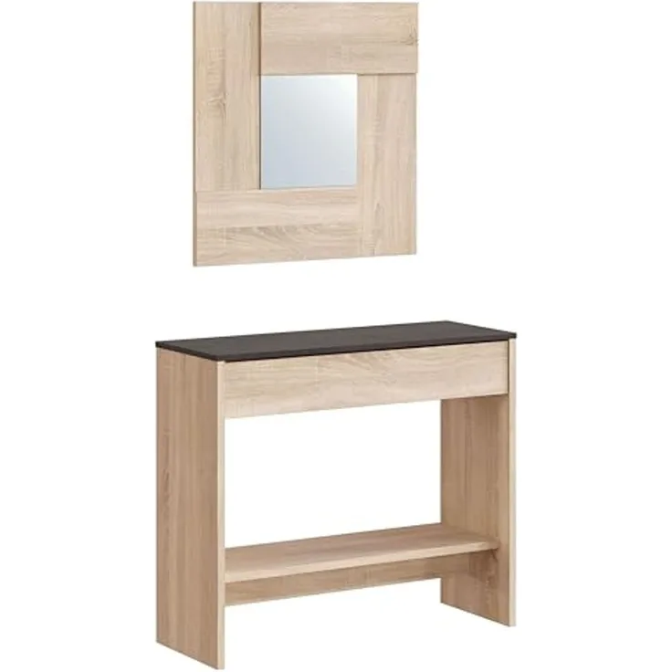 Habitdesign Konsolentisch mit Schublade und Spiegel – Flurablage in kanadischer Eiche und Rost für Eingangsbereich oder Schlafzimmer, modernes Design, Maße: 92 x 79 x 33 cm (B x H x T), Modell Oxys