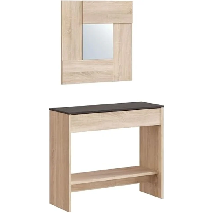 Habitdesign Konsolentisch mit Schublade und Spiegel – Flurablage in kanadischer Eiche und Rost für Eingangsbereich oder Schlafzimmer, modernes Design, Maße: 92 x 79 x 33 cm (B x H x T), Modell Oxys – Bild 1