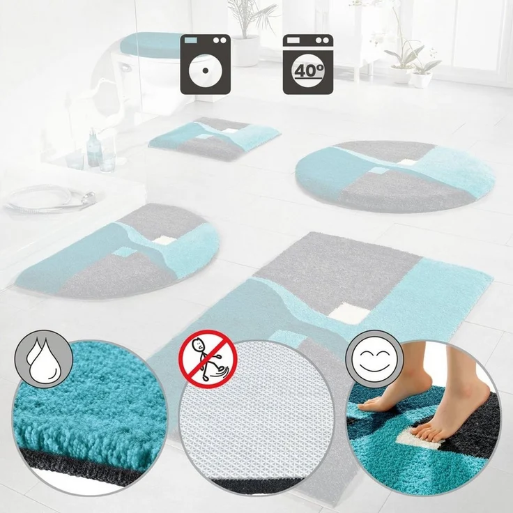 Erwin Müller WC-Vorlage ohne Ausschnitt Athen, rutschhemmend türkis Größe 50x50 cm - kuscheliger Hochflor, für Fußbodenheizung geeignet – Bild 2