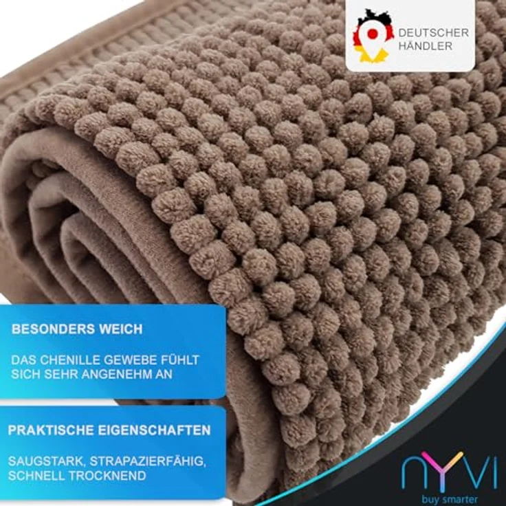 NYVI NYVISpa Badematten Set 2-teilig, Chenille 45x50 + 50x80 cm, Taupe, rutschfest, saugfähig, schnell trocknend, für Fußbodenheizung geeignet, Oeko-TEX zertifiziert – Bild 3