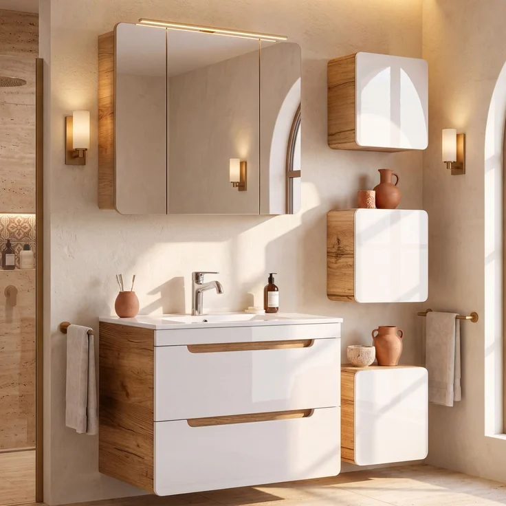 Badmöbel Set in Hochglanz weiß mit Wotan Eiche Nb. LUTON-56 mit LED-Spiegelschrank, B/H/T ca. 130/200/46 cm – Bild 10