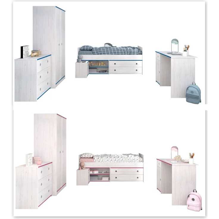 Kinderzimmer Set Parisot Smoozy 5-tlg. Holzdekor Kiefer Weiß/Pink – Bild 2