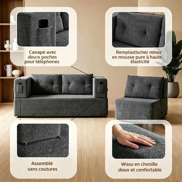 ZUBALIYA SchlafSofa mit breiten Armlehnen, modular aufgebaut, ohne aufwendige Montage, für Wohnzimmer und Apartments, Dunkelgrau – Bild 15