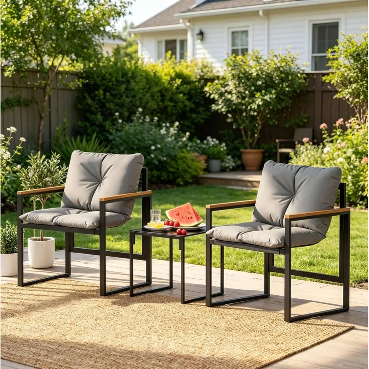 Gartenmöbel-Set mit 2 Sesseln 64 x 62 x 68 cm und Tisch 40 x 40 x 40 cm – Glasplatte, Schwarz und Grau